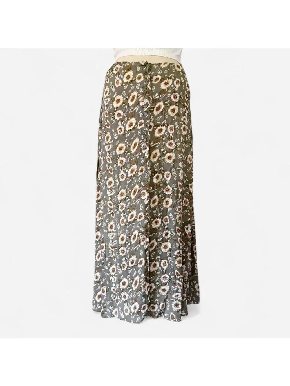 Vtg 90s Fashion Spy Olive Sage Sunflower Floral Maxi Skirt Size S Boho Indie